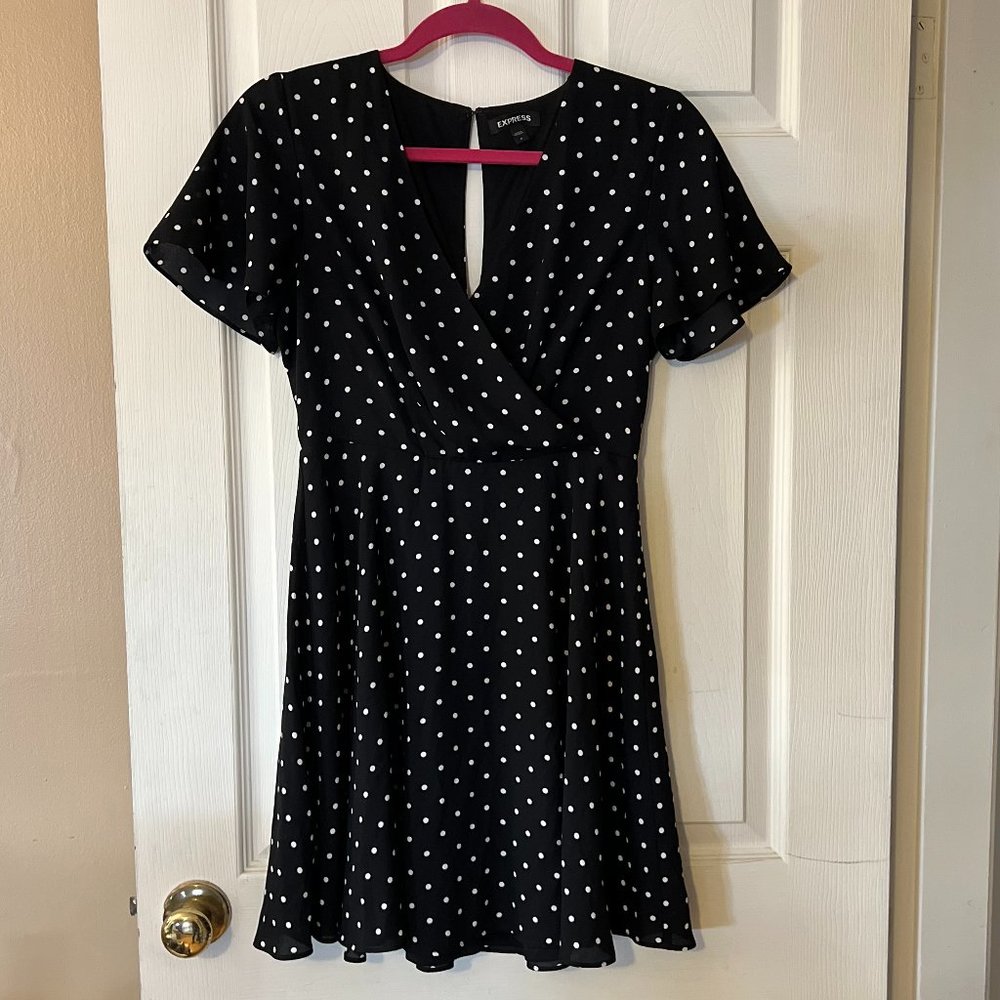 Express Mini Dress Size 4 Navy & White Polka Dot Flutter Sleeve Flare Swing